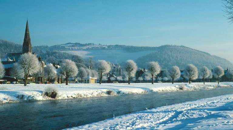 The town of Peebles covered in snow during winter in Scotland.