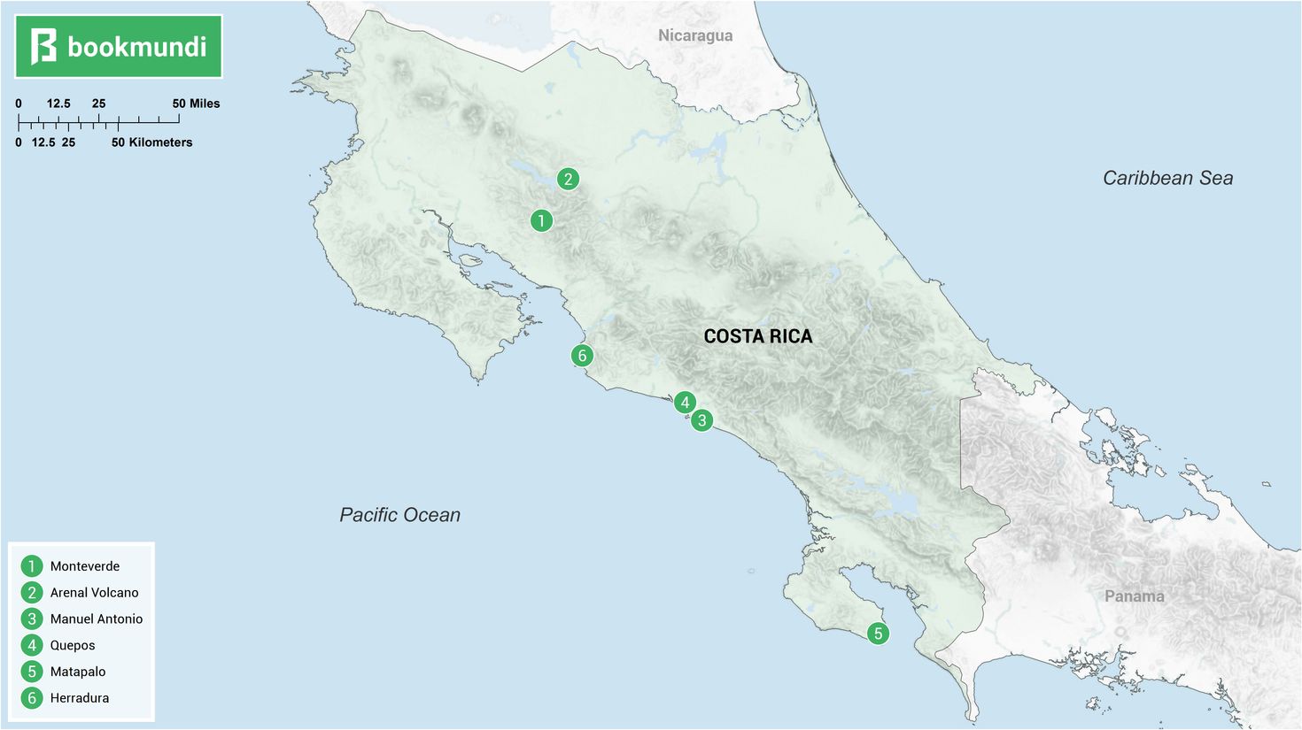 Places to go ziplining in Costa Rica map
