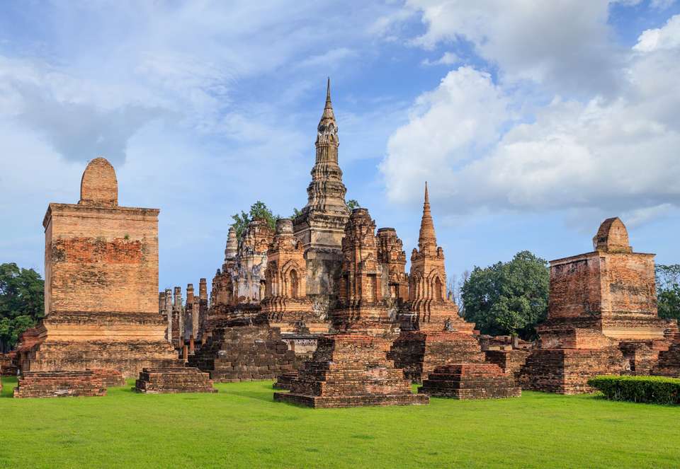 Ancient pagoda and monastery complex at Wat Mahathat temple, Sukhothai Historical Park, Thailand