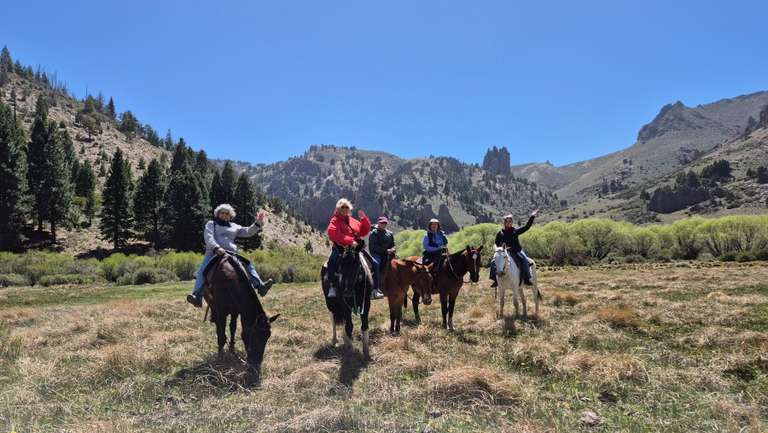 A group of ladies on a horses in a green field with mountains in the background