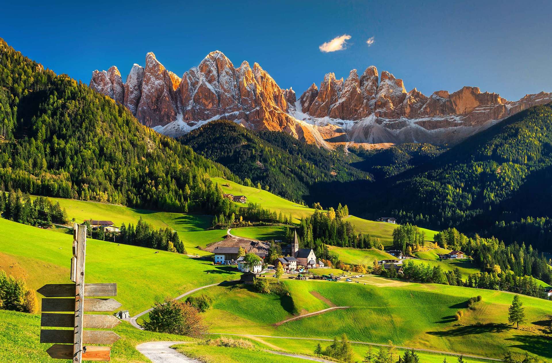 Alpine spring landscape with Santa Maddalena village, Dolomites, Italy