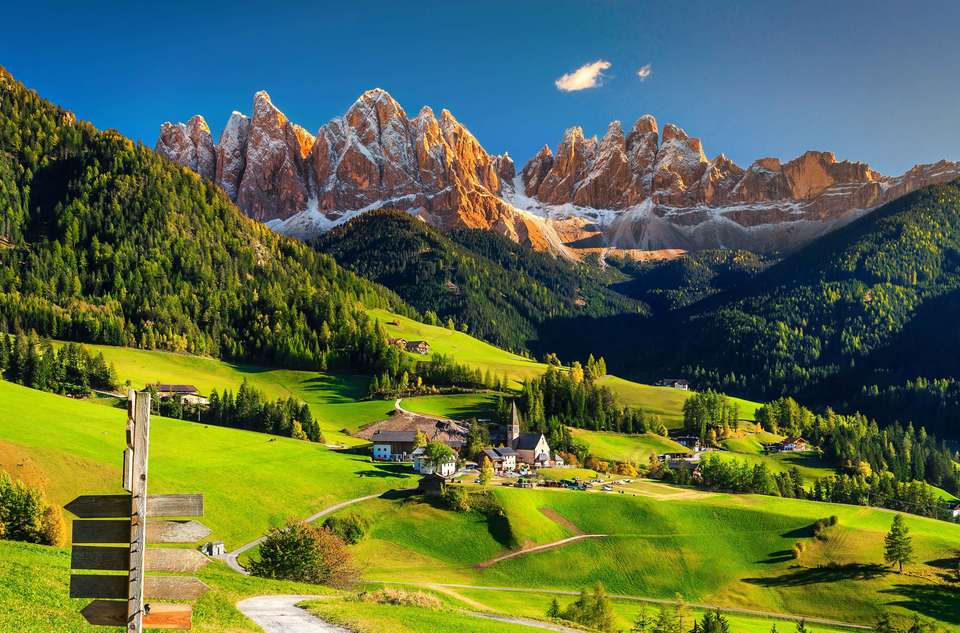 Alpine spring landscape with Santa Maddalena village, Dolomites, Italy